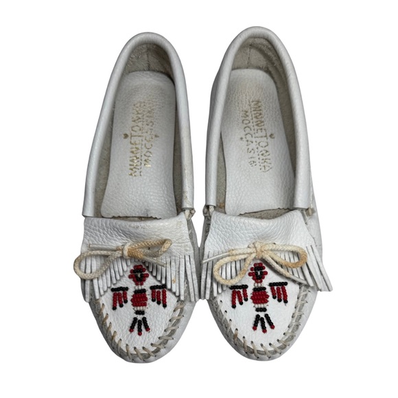 Minnetonka White Moccasins with Red and Black Embroidery - Picture 1 of 9